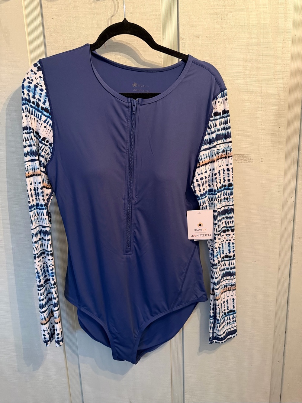 Jantzen Navy Zip-Front Long-Sleeve Bodysuit with Patterned Sleeves